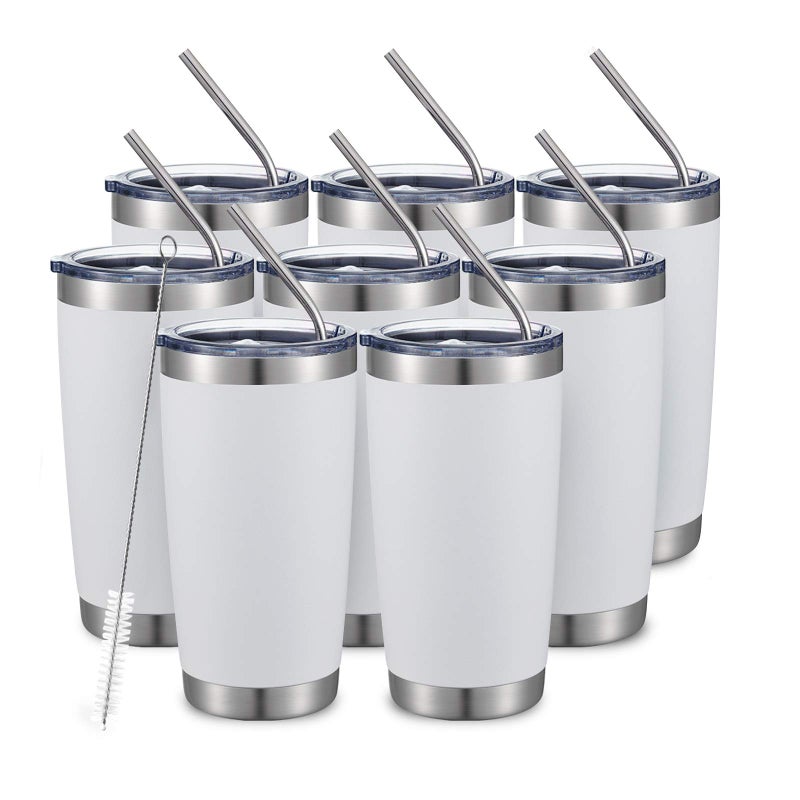 COMOOO 20oz/8Pack White Tumbler Double Wall Vacuum Insulated Coffee Travel Mug Stainless Steel Tumbler Bulk with Lid and Straw Powder Coated Insulated Coffee Cup for Cold & Hot Drinks (White, 8 Pack) - Image 1